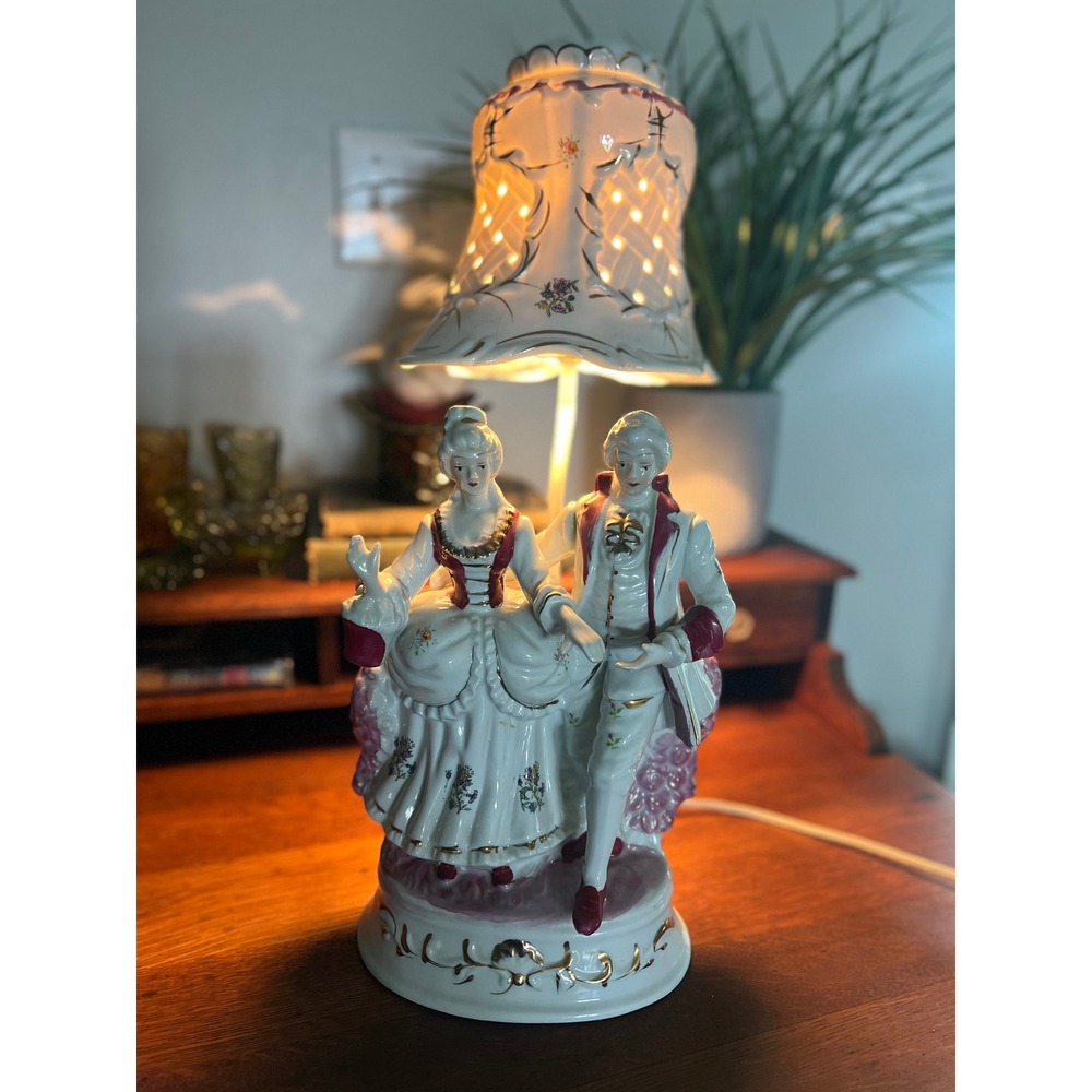 Vintage Porcelain Courting Couple Table Lamp Pierced Shade White Burgundy Gold